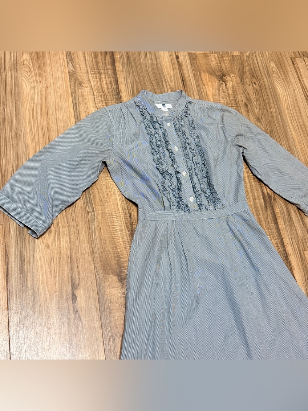 GAP Ruffled Cotton Chambray Button Down Striped Midi Dress 2 - Picture 2 of 6